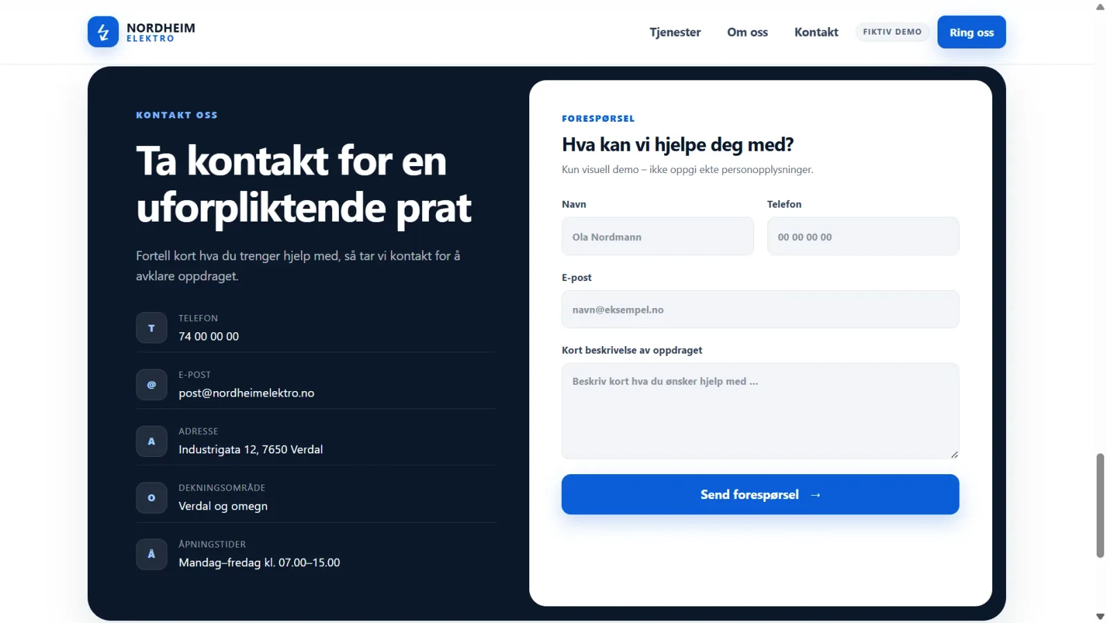 Skjermbilde av kontaktsiden til Nordheim Elektro med kontaktskjema
